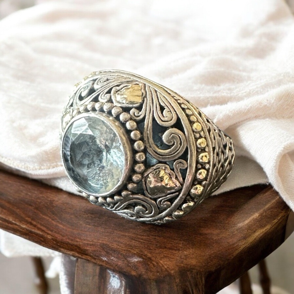 VINTAGE BALI DESIGNS ROBERT MANSE LIGHT GREEN TOPAZ 925 & 18K ACCENTS RING SZ 7